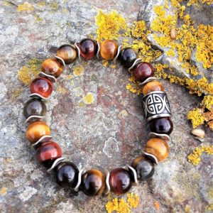 Bracelet triple protection Contre vents et tempêtes œil de tigre, faucon, taureau – Fait main France – Bijou énergétique