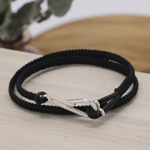 Bracelet homme double tour en cuir et nylon tressé noir et hameçon en Argent massif