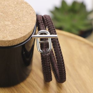 Bracelet homme double tour en cuir et nylon tressé brun et maille marine en Argent massif