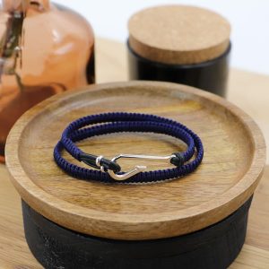 Bracelet homme double tour en cuir et nylon tressé bleu marine et hameçon en Argent massif