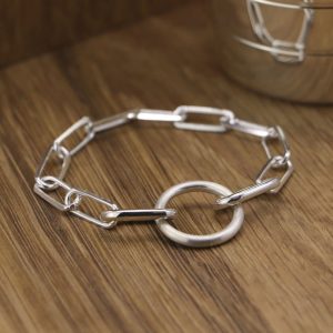 Bracelet mailles trombones et maille ronde mate en argent massif