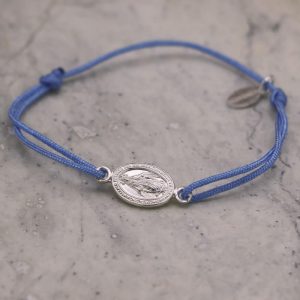 Bracelet enfant médaille miraculeuse en argent massif et fil nylon bleu