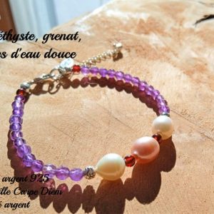 Bracelet minimaliste améthyste grenat perles argent 925 et perles de culture d’eau douce Femme – Artisanal – Bijou énergétique