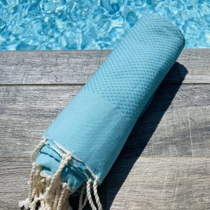Fouta nid d&rsquo;abeille unie bleu turquoise
