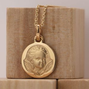Médaille de baptême Ange Espiègle en Or jaune 18 carats