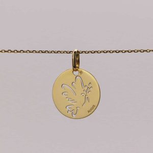 Médaille de baptême Colombe au brin d&rsquo;olivier ajourée en Or jaune 18 carats