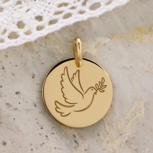 Médaille de baptême Colombe au brin en Or jaune 18 carats