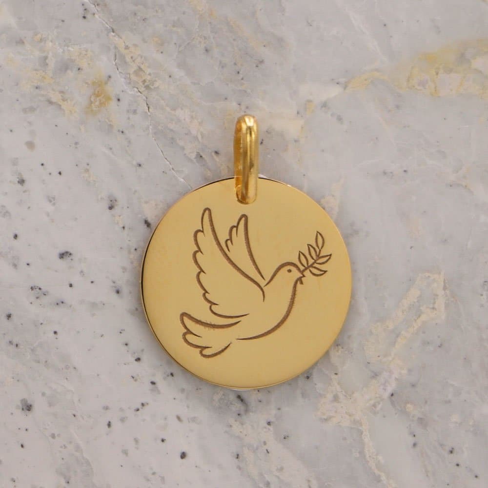 Médaille de baptême Colombe au brin en Or jaune 9 carats