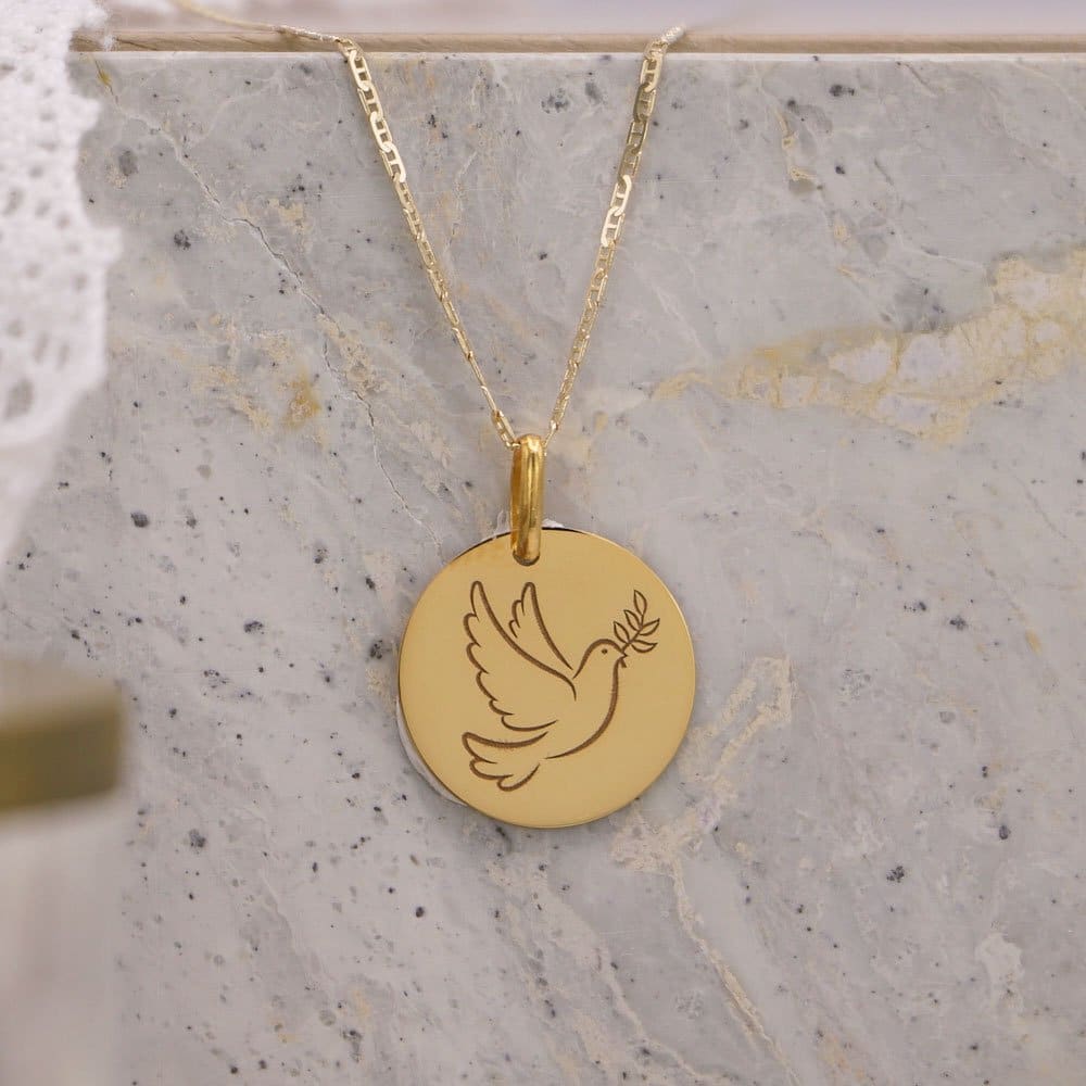 Médaille de baptême Colombe au brin en Or jaune 9 carats – Image 2