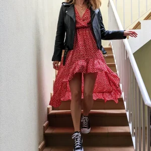 Robe Lola – rouge à petites fleurs blanches