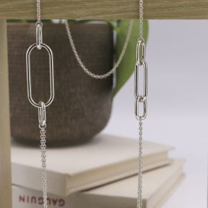 Sautoir asymétrique mailles rectangles Double-Rang en Argent massif