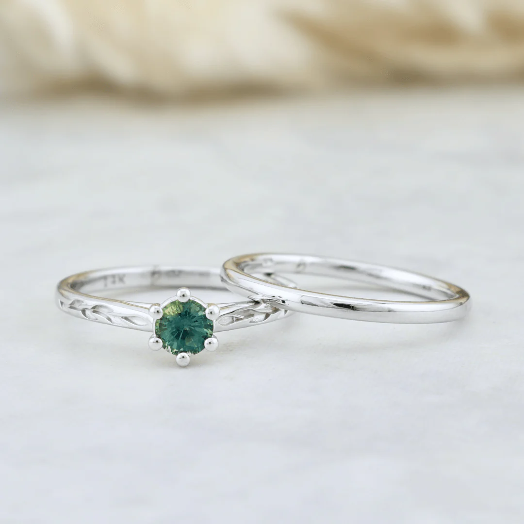 Bagues Ensemble d'alliances en or 14K - 18K ou platine et saphir Bleu - Vert