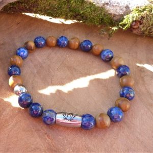 Bracelet lapis lazuli Homme bois fossile, lotus – fait main France – Bijou artisanal
