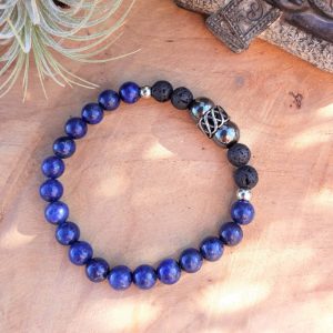 Bracelet Zen lapis lazuli, hématite et lave Homme – fait main France  – Bijou d’âme
