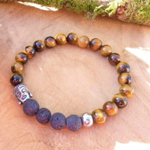 Bracelet tibétain Homme œil de tigre, lave. Grande protection – Fait main France – Bijou énergétique