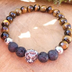Bracelet protection œil de tigre mixte, lave, lion. Fait main France – Bijou énergétique