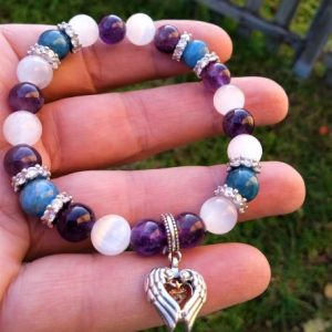 Bracelet sélénite améthyste apatite Connexion divine – Breloque argent 925 – Bijou énergétique