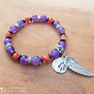 Bracelet Vive la Vie ! Améthyste, cornaline et hématite avec breloque arbre de vie, aile – Fait main France