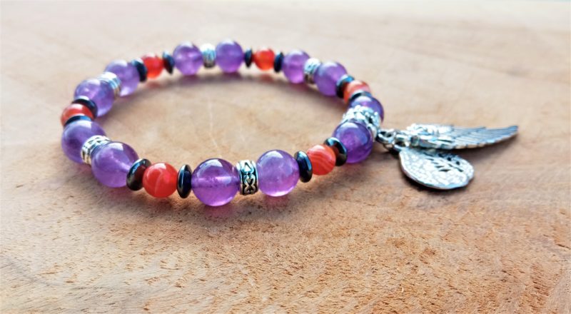 Bracelet Vive la Vie ! Améthyste, cornaline et hématite avec breloque arbre de vie, aile – Fait main France – Image 4