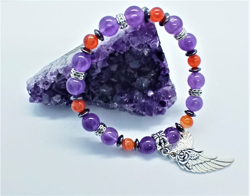 Bracelet Vive la Vie ! Améthyste, cornaline et hématite avec breloque arbre de vie, aile – Fait main France – Image 5