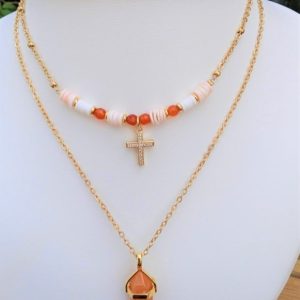 Collier acier inoxydable or avec perles heishi cornaline et pointe aventurine rouge – Bijou spirituel