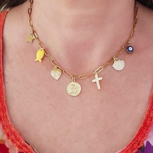 Collier breloque acier inoxydable or ange croix poisson coquille œil étoile