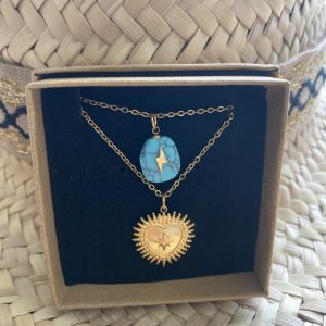 Collier double &lsquo;Coeur Sacré&rsquo; – Pierre Turquoise