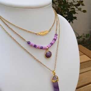 Collier multirang acier inoxydable améthyste plaqué or – Fait main – Bijou énergétique