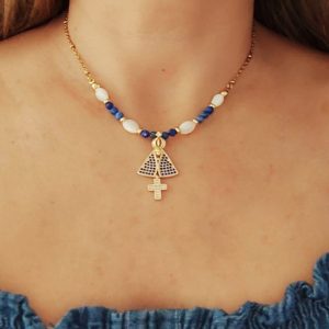 Collier Sainte Vierge Marie, acier inoxydable, pendentif plaqué or strass – Bijou énergétique fait main