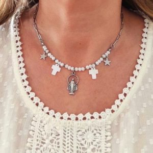 Collier Vierge Marie création originale croix étoiles _ Bijou spirituel chrétien