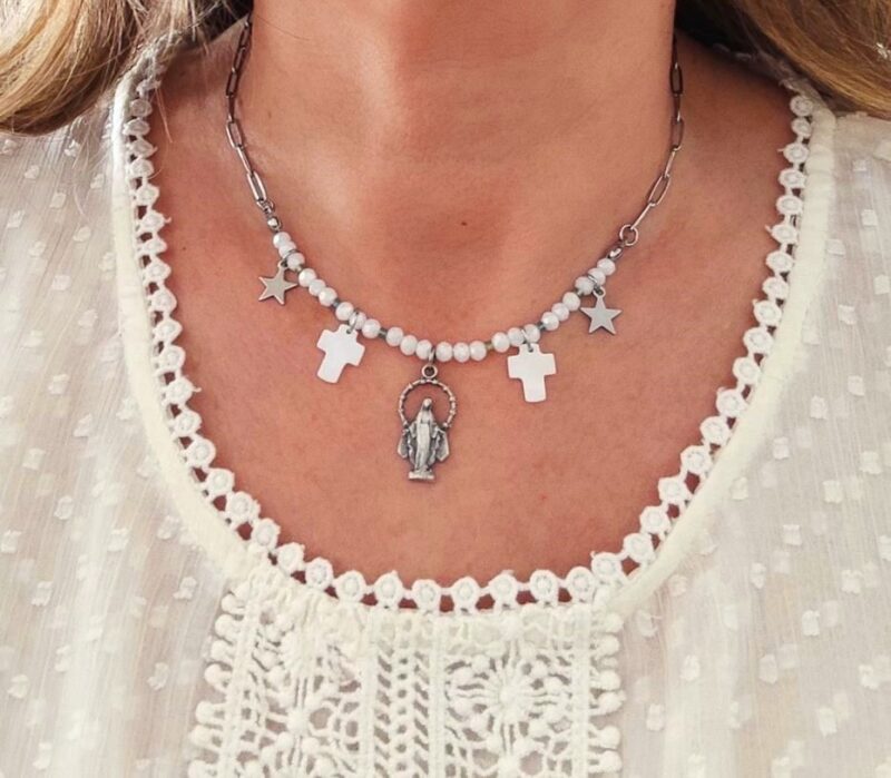 Collier Vierge Marie création originale croix étoiles _ Bijou spirituel chrétien