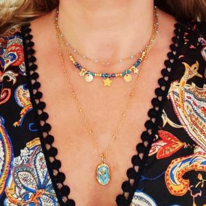 Collier triple rang acier inoxydable style boho bleu turquoise pendentif acier fleur