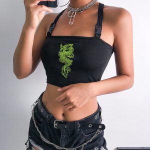 Crop top streetwear – Dragon brodé