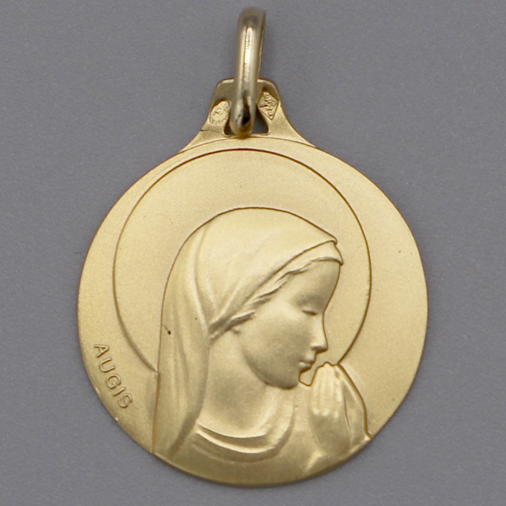 Médaille de baptême Vierge douce en prière en Or jaune 18 carats