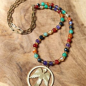 Sautoir acier inoxydable ange gardien pierres naturelles – Bijou spirituel fait main